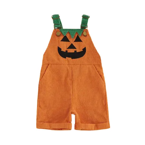 FOCUSNORM Toddler Baby Little Boy Girl Halloween Overalls with Pockets Ribbed Devil Face Pattern Sleeveless Jumpsuit 1-10T