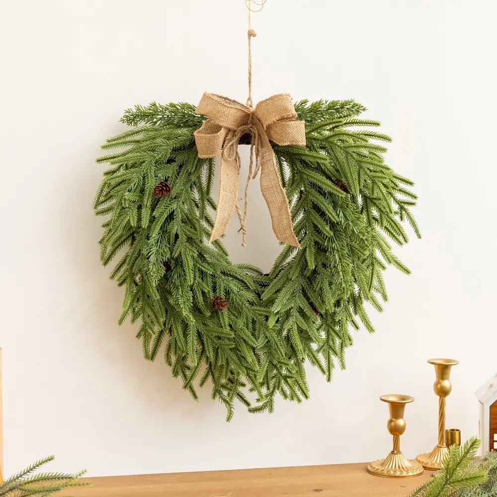 Artificial Christmas Norfolk Pine Wreath, 20 Inch Soft Touch Greenery, Burlap Bow & Pine Cones, Heart Shaped Faux Pine, Front Door Decor