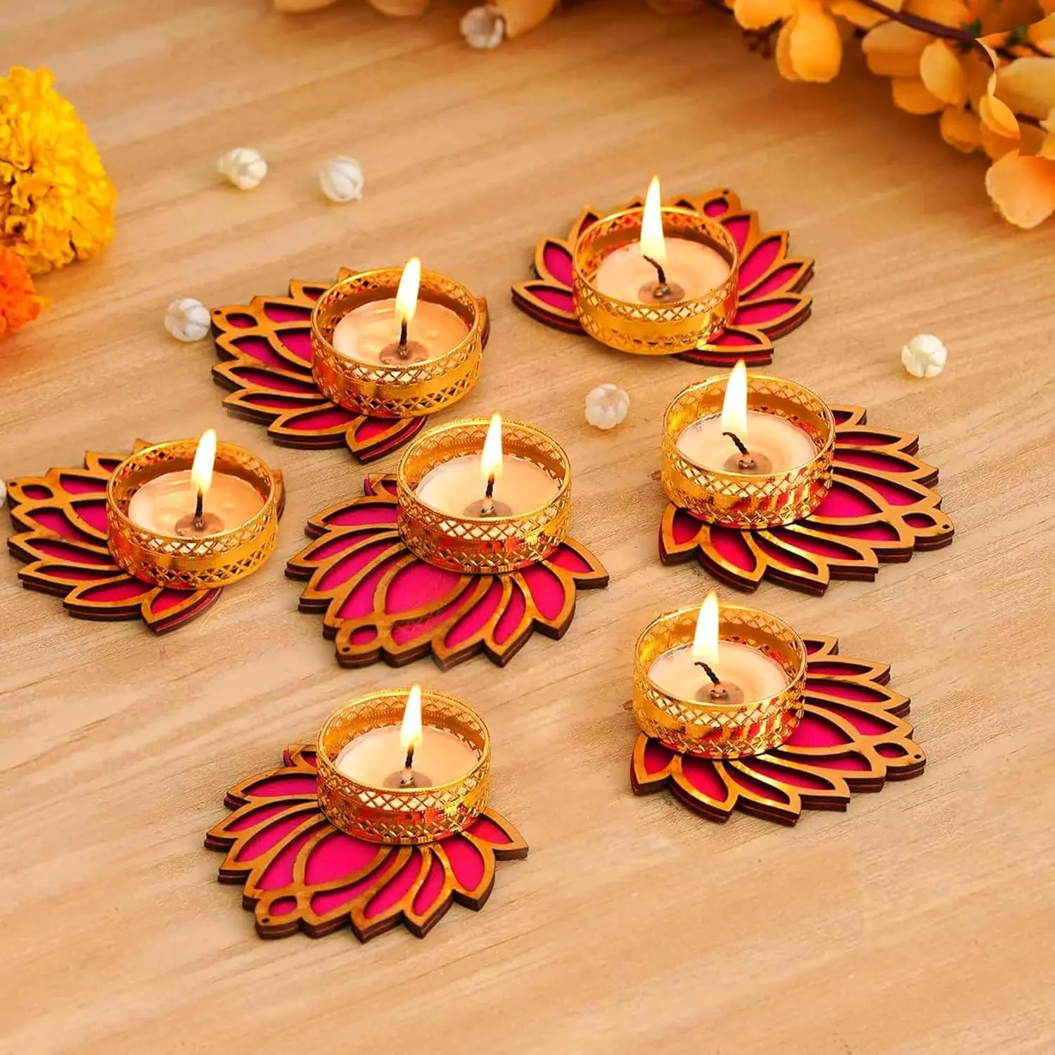 Lotus Tealight Candle Holder | Set of 7, MDF | Tealight Diya for Diwali Decor, Pooja Decorations for , Diwali Decorations, Ganesh Chaturthi, Indian Decor