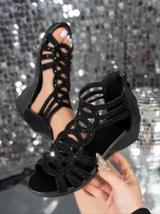 Women's Rhinestone Gladiator Wedge Heeled Sandals, Elegant Classy Party Shoes, Sparkly & Glam Stylish Design #WedgeSandals #GladiatorStyle #RhinestoneDecor #WomensFootwear