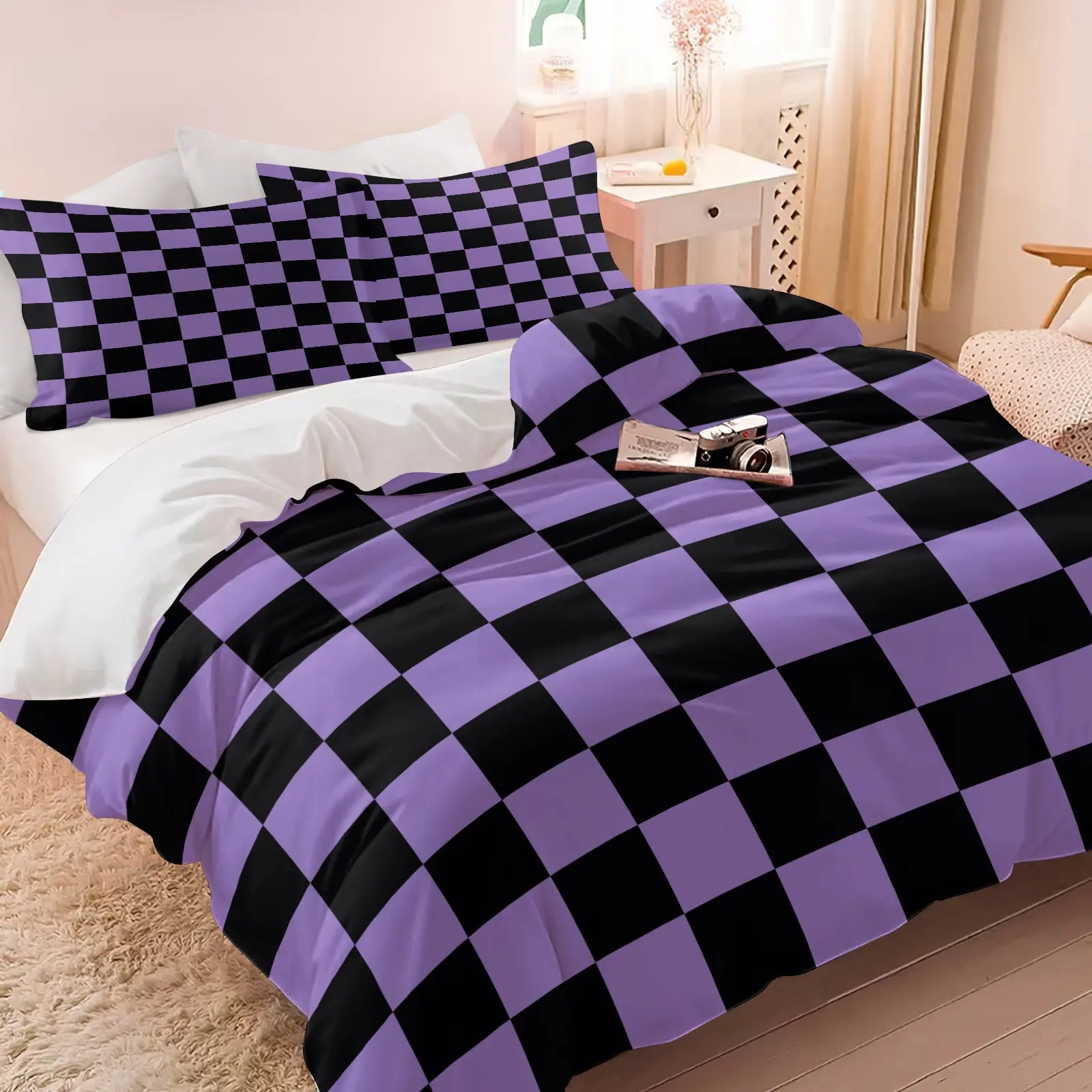 2/3Pcs Purple Black Checkerboard Duvet Cover Set, Grid Print Comforter Cover, Soft Microfiber Bedding Set (No Filler), Trendy Check Bed Set for Teens, Bedroom & Dorm Decor