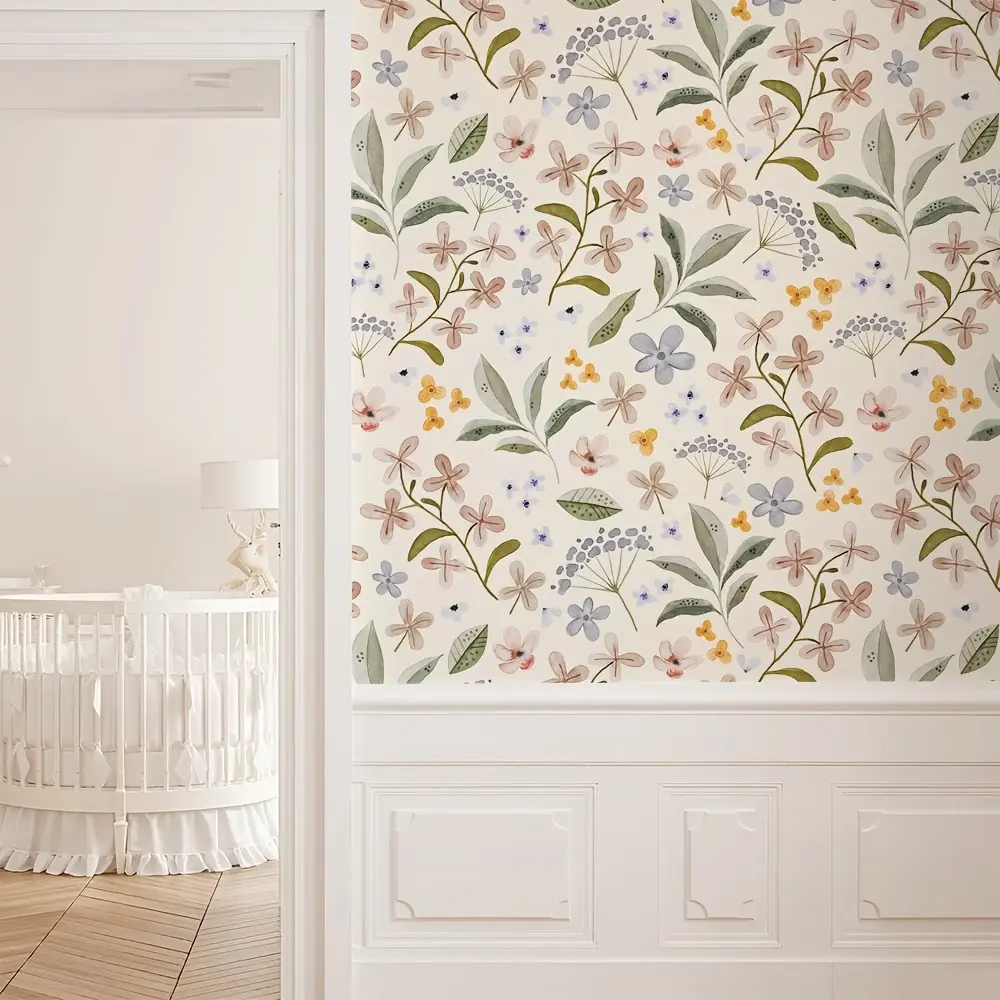 Vintage Muted Tone Floral Decorative Wallpaper, Soft Watercolor Leaves, Waterproof Peel and Stick, Living Room Decor, Cottage Style, Summer Party