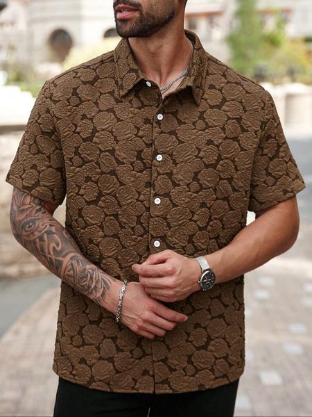 Men's Rose Print Short Sleeve Shirt, Casual Button Collared Loose Casual Soft Comfy Button Up Top for Summer, Men's Clothes for Daily Wear