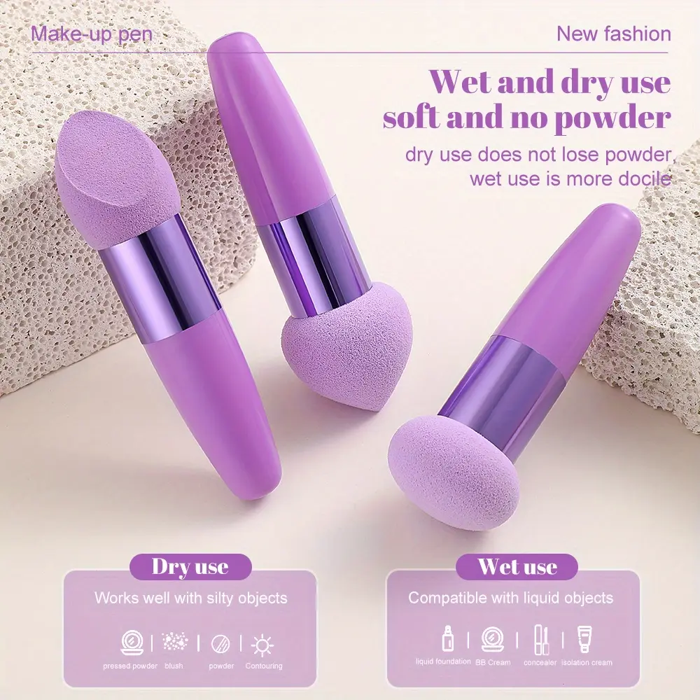 3Pcs Makeup Sponge Facial Foundation Sponge Professional Makeup Blending Sponge With Handle Beauty Sponge Blender Dry & Wet Use Makeup Sponges For Foundation Beauty Blenders
