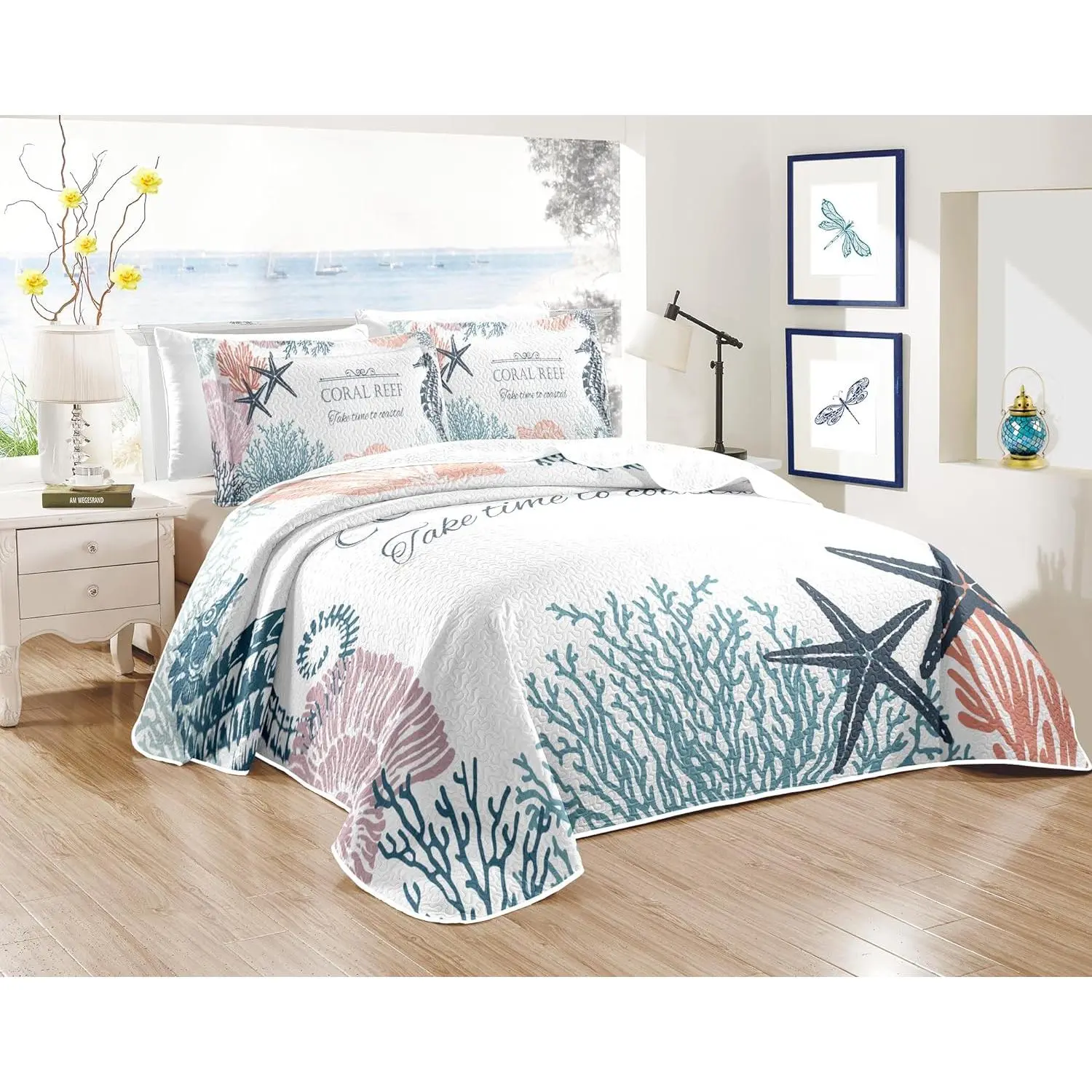 Coastal Bedding King Size 2 Shams, Nautical Beach Comforter Sets Ocean Bedspreads Coastal Coverlet Summer Bedding, 96''x106''