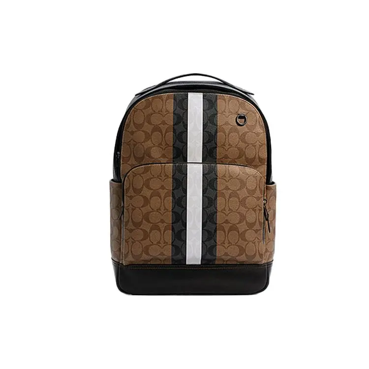 COACH Graham 29 Large Canvas and Leather Backpack for Men, Floral Stripe Pattern, Khaki and Black