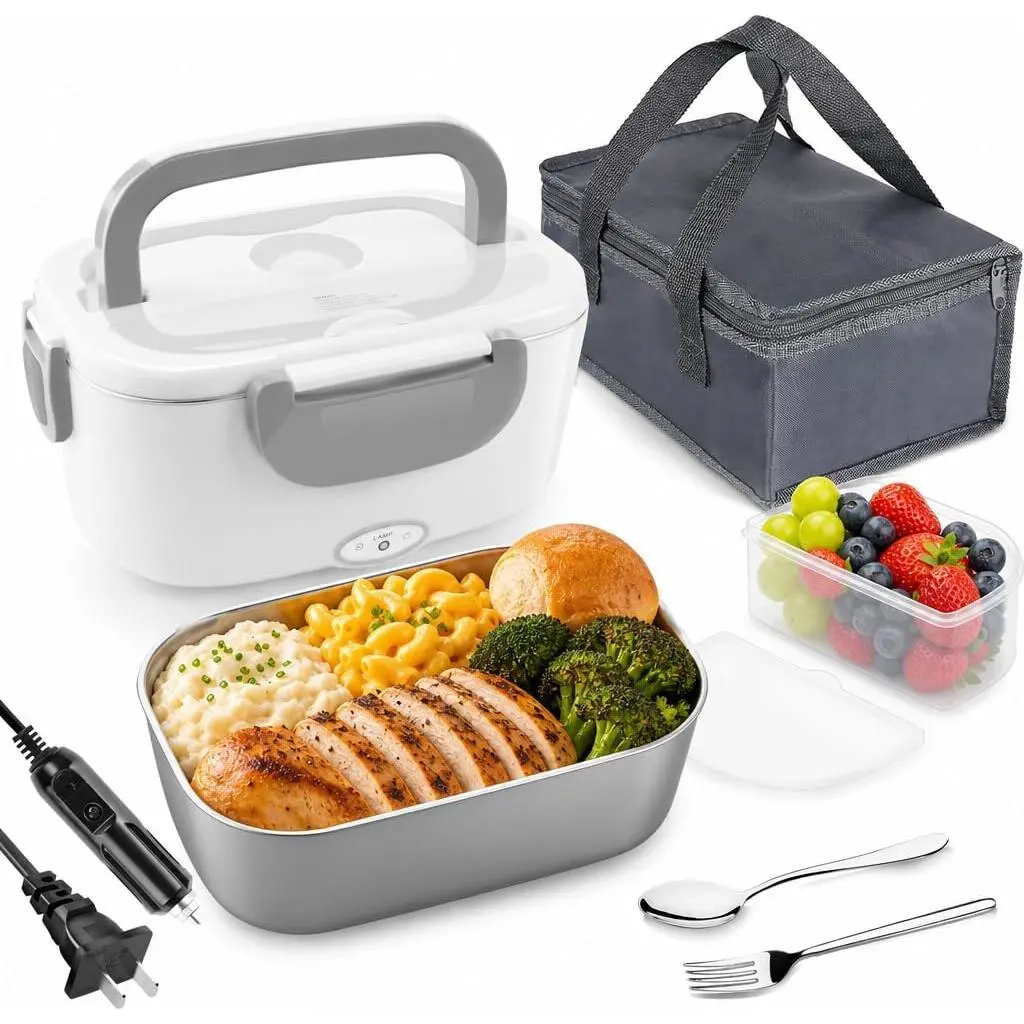 Electric Lunch Box Food Heater, 3 in 1 Portable Food Warmer Lunch Box for Car & Home, Leak Proof, Lunch Heating Microwave with 304 Stainless Steel Container 1.5 L, 110V/12V/24V