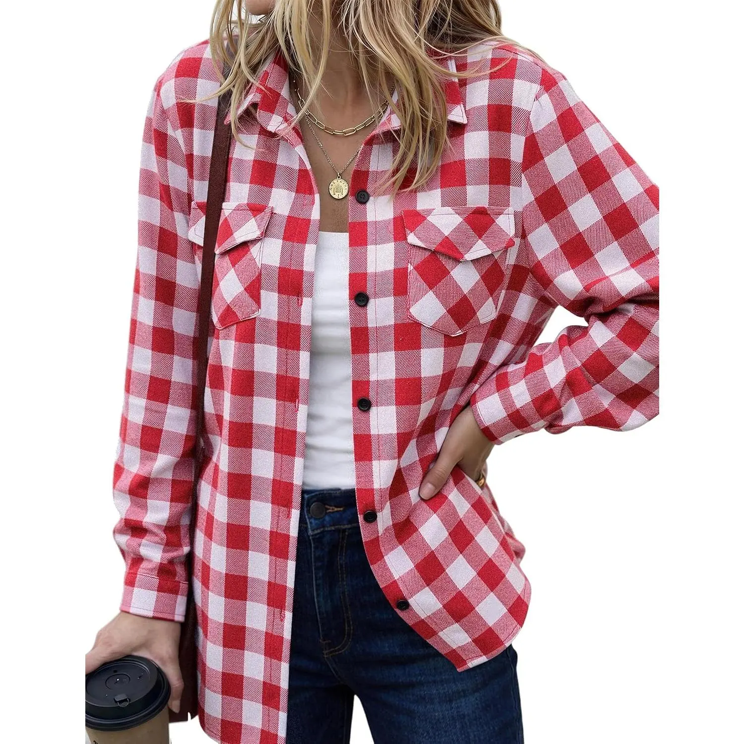 Womens Plaid Flannel Shirt Long Sleeve Top Casual Button Down Blouse |   Flannel Plaid Shirt,Cotton Fabric,Loose Fit Blouse,Business Casual Outfits,2026 Fashion Fall Western Shacket Jacket