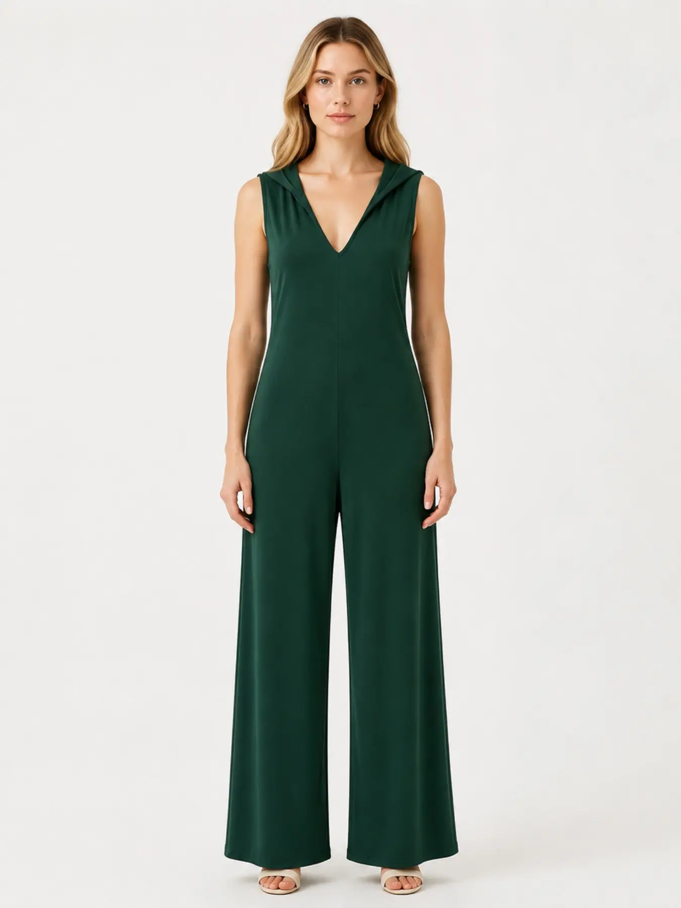 Loose Fit Sleeveless Hooded One-Piece Pajamas, Deep V Wide Leg Side Pocket Design, Comfortable Home Sleepwear for Relaxing Nights