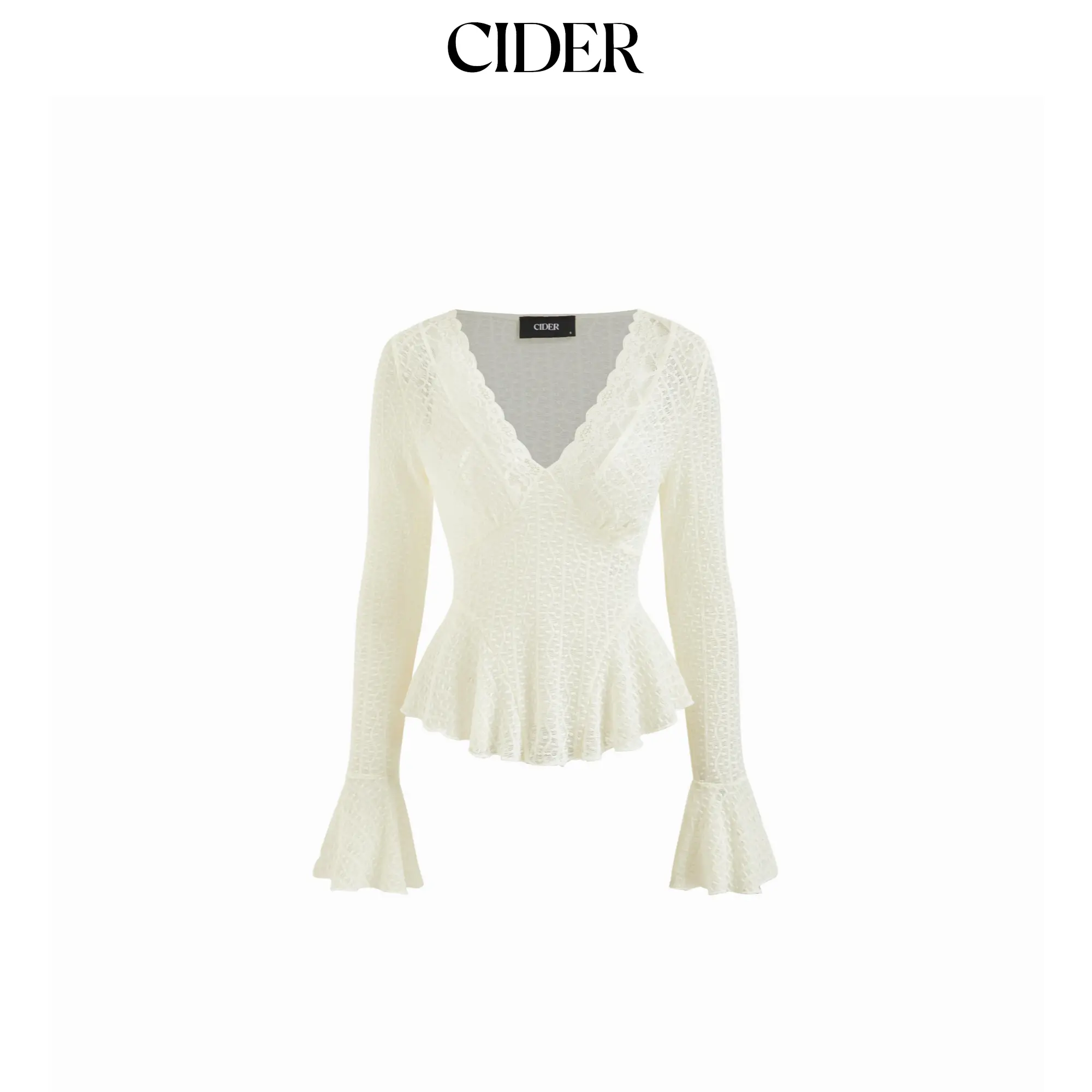 Cider Textured Lace V-Neck Bell Sleeve Ruffled Peplum Top SohoChic
