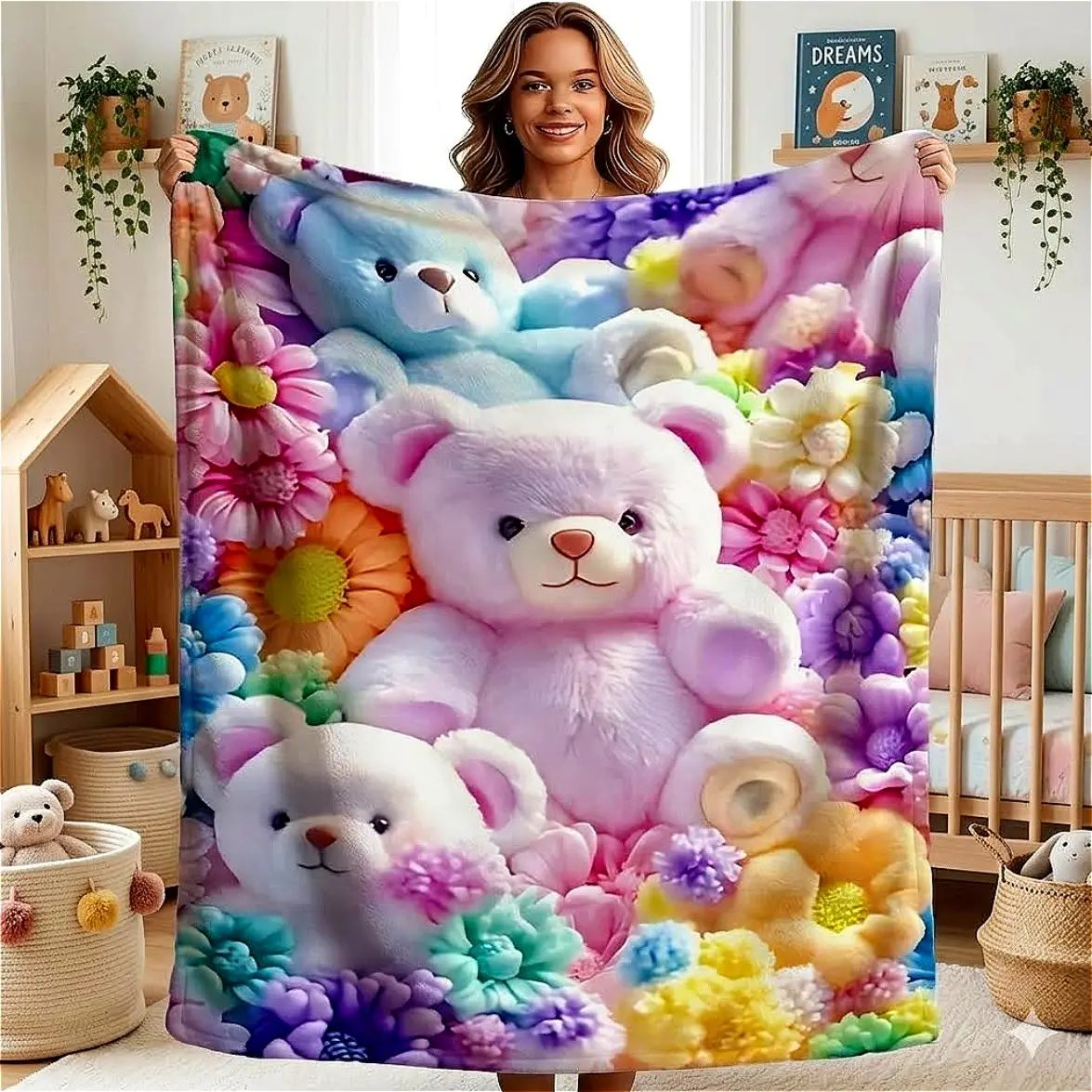 2D Flat Design Cartoon Bear Floral Flannel Blanket, Cute Kawaii Multicolor Bear Soft Cozy Throw Blanket for Bed & Couch, Whimsical Cottagecore Room Decor, Warm Holiday Christmas Birthday Gift for Women Girls Kids
