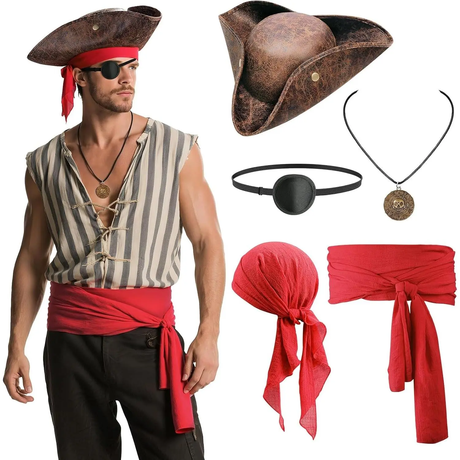 5PCS Pirate Costume Accessories Set for Men, Halloween Pirate Hat, Faux Leather Tricorn Hat, Bandana, Red Sash, Eye Patch & Necklace, Medieval Renaissance Cosplay Accessories(Gift)