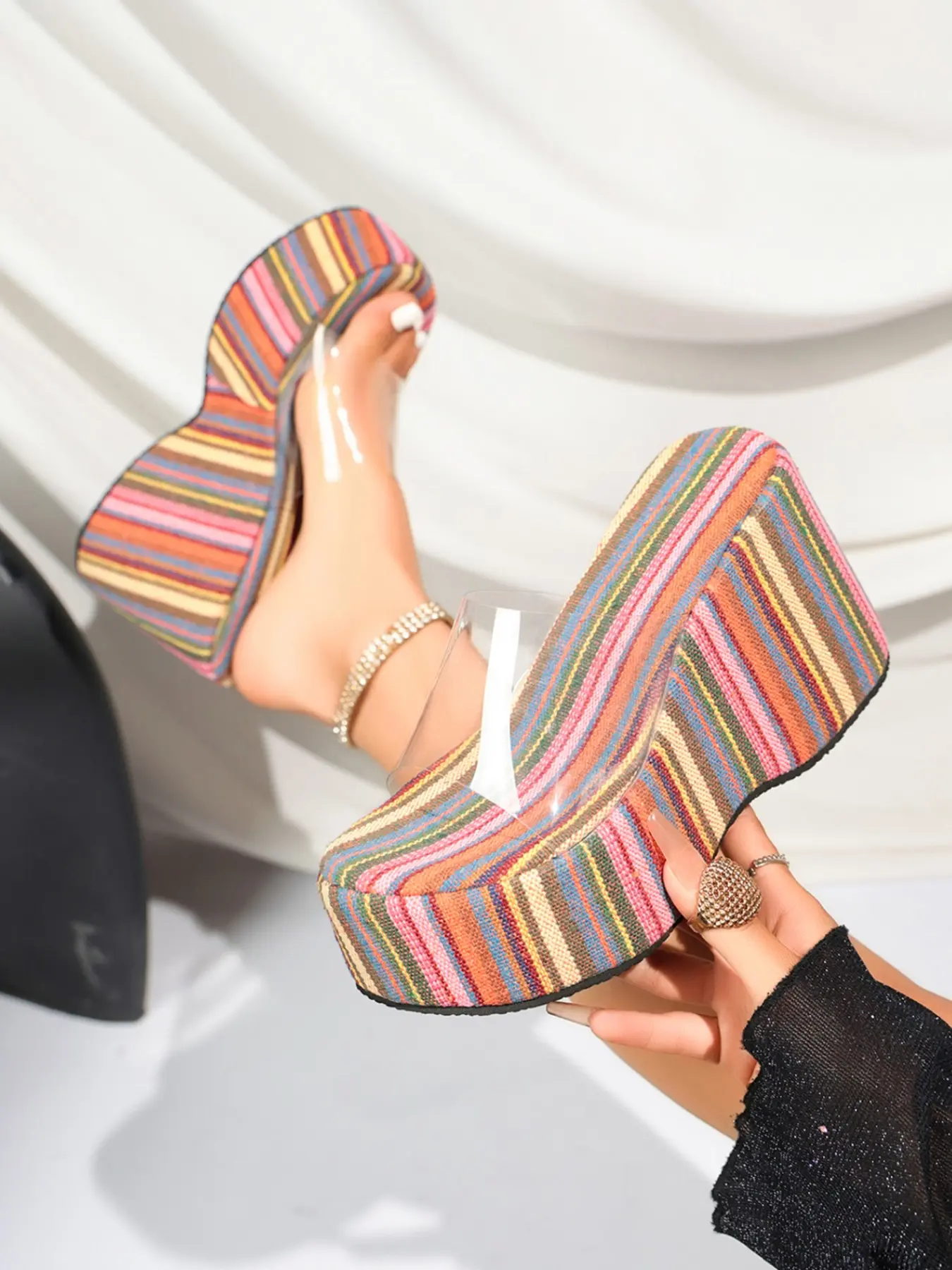 Bohemian Multi Color Stripe Fabric Full Wrapped High Wedge Slide Slippers For Women, Clear PVC Wide Strap Slip-On Design Holiday City Daily Height Increasing Fashion Footwear, Transparent Slides