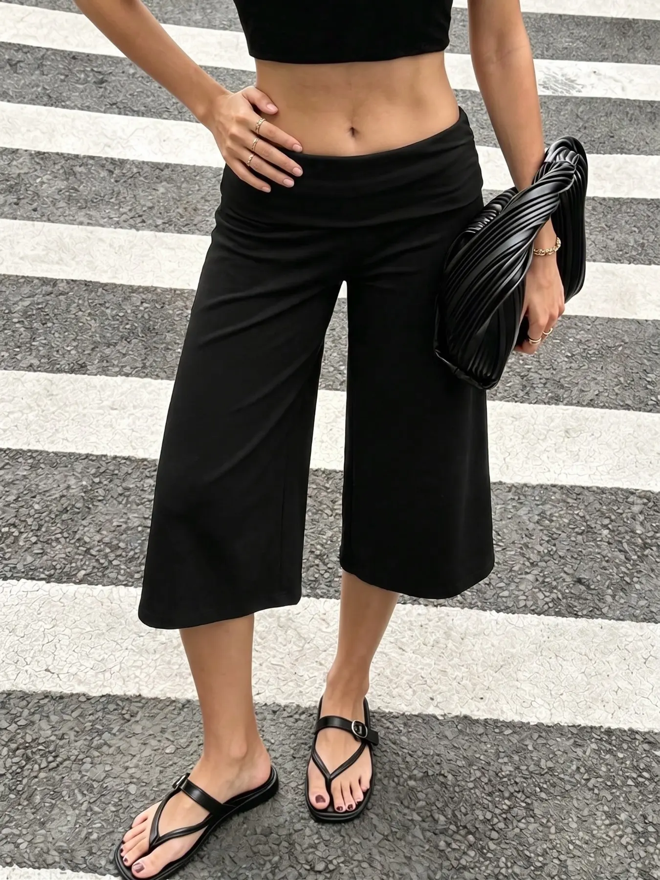 Black Fold Over Waist Wide Leg Cropped Culotte Pants For Women, Soft Stretch Flared Capri Trousers, Minimalist Casual Bottoms For Summer Street Vacation Daily Going Out Wear