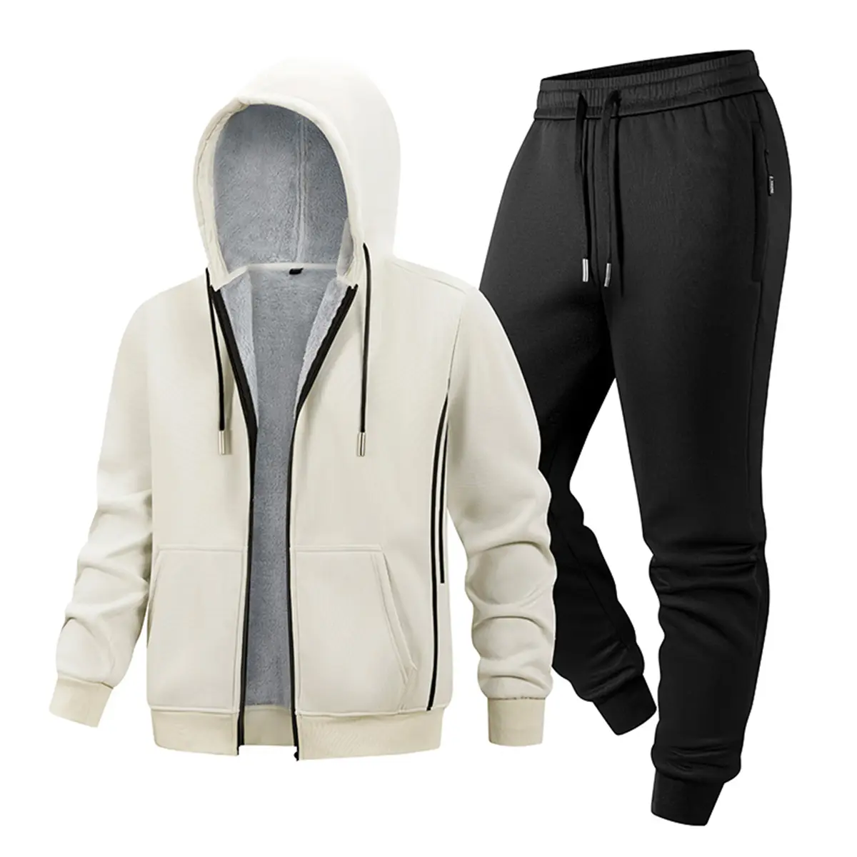 Men's Quiet Luxury 2-Piece Polyester Loose-Fit Sherpa-Lined Tracksuit Set - Grey Zip-Up Hooded Jacket with Side Accent Stripes, Anti-Drop Zipper Pocket Jogger Sweatpants, Soft Warm Thermal Outfit for Cold Season Commute