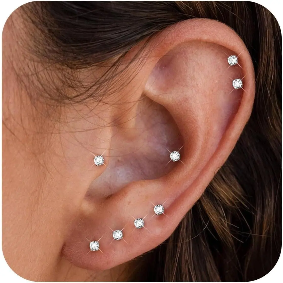 Stainless Steel Stud Earrings, 6-Pair Set for Men and Women, 2mm Tiny Round Ball & Zircon Cartilage Studs for Daily Casual Wear, Set 6 Pairs, Tiny 2Mm, Male