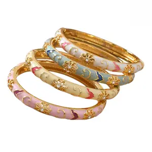 Floral Enamel Bangle Bracelet for Women, Vintage Gold-Tone Cuff with Sparkling Cubic Zirconia, 7.08" Lightweight Hinged Jewelry for Party, Gifting, Bracelets