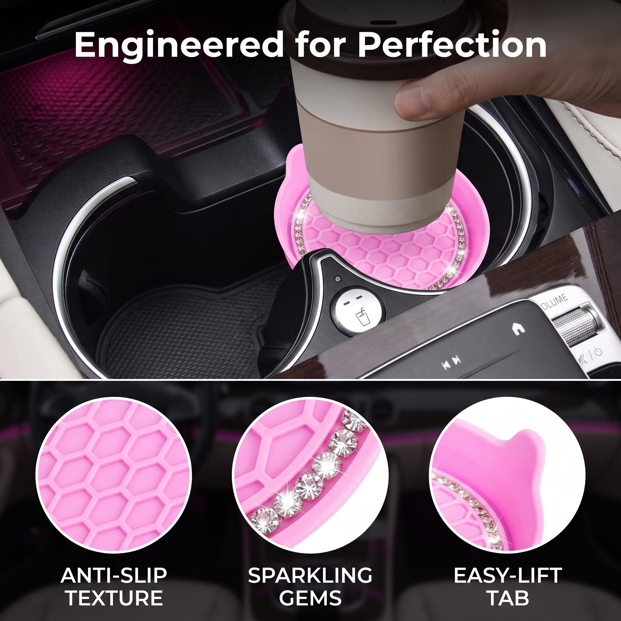 2pcs Non-Slip Water Cup Pad, Car Coaster with Rhinestone Bling Decoration, Anti-Skid 8cm Rubber Cup Bottle Mat, Car Interior Accessory, Car Accessories-MM2