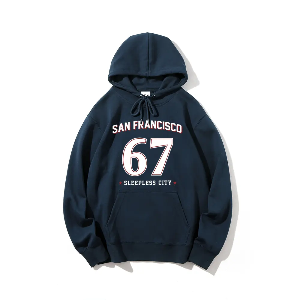 Graphic Hoodie Essential Hoodie San Francisco 67 Sleepless City Varsity Graphic Hoodies, Retro Navy Cotton-Blend Fleece Pullover Long Sleeve Casual Travel City Sweatshirt With Kangaroo Pocket Unisex Streetwear