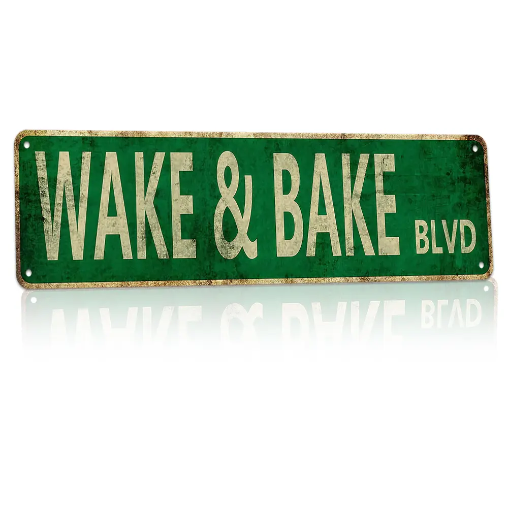 Wake & Bake Blvd Custom Street Name Metal Sign Decor, Patio Wall, Backroad Layout, 16x4", Green Distressed Vintage, Rust-Proof Aluminum Sign, Driveway Road Sign, Cottage Home Owners, Viral Street Decor, Housewarming Gift