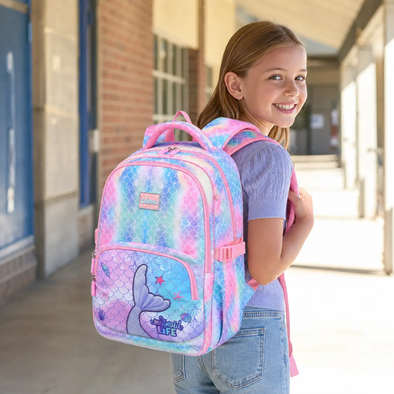 Aesthetic Mermaid Backpack Set for Girls, 3-Piece Cute Gradient Oxford Cloth School Bag with Lunch Tote & Pencil Case, Water-Resistant with Wide Straps, School Days, Bookbag, Mermaid Scales