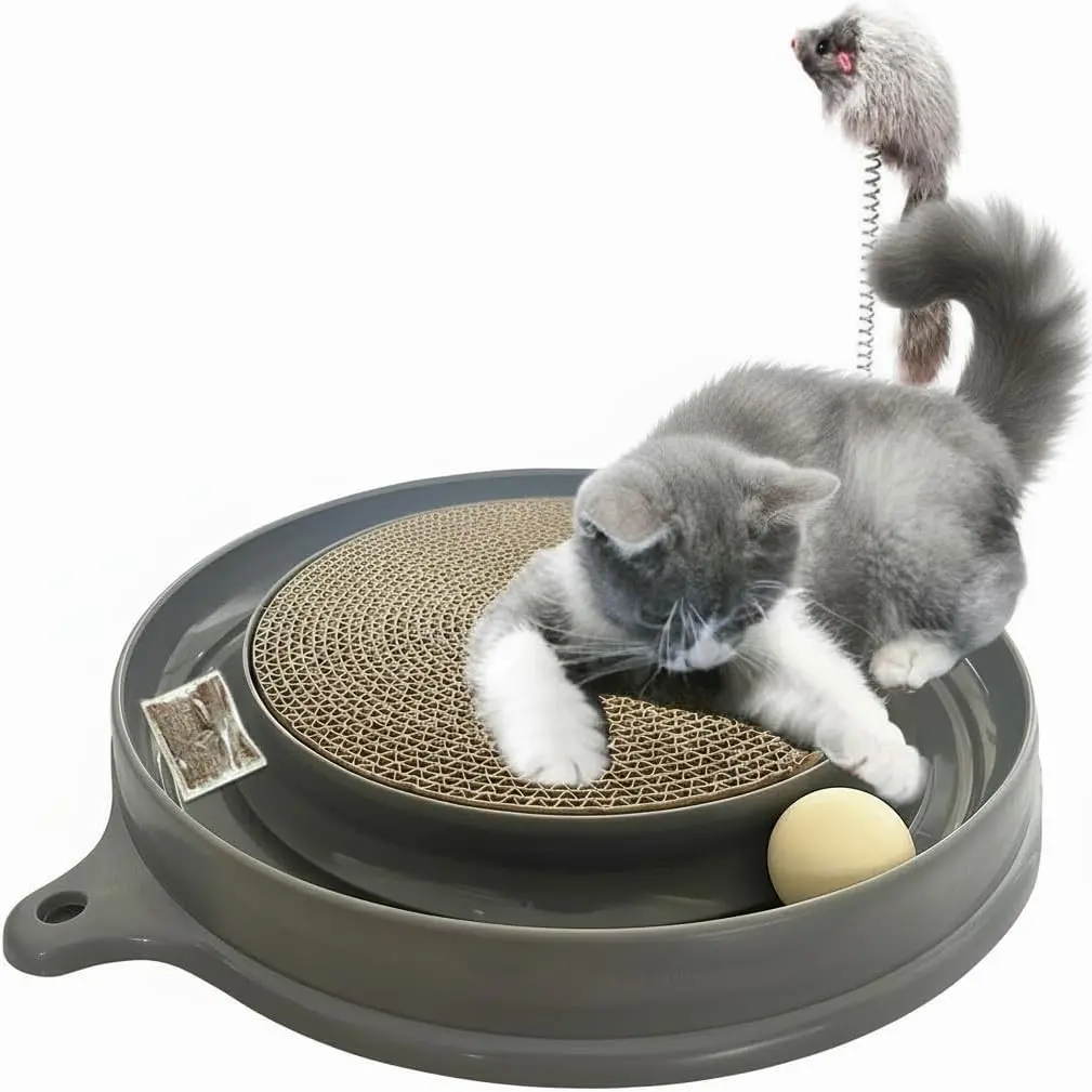 3 in 1 Interactive Cat Scratcher Toy with Ball Track, Cat Scratch Pad with Cat Ball Toy and Plush Cat Mouse Toy for Indoor Cats and Kittens (Gray)