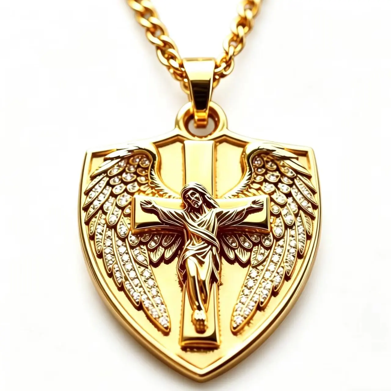 Angel Wing Shield Cross Jesus Pendant Necklace, Rhinestone-Inlaid Cuban Copper Chain, Waterproof Anti-Fade Shield-Shape Amulet, Long Length, Includes Pendant, Daily Wear Luxury Gift For Men Exquisite Hip Hop Jewelry