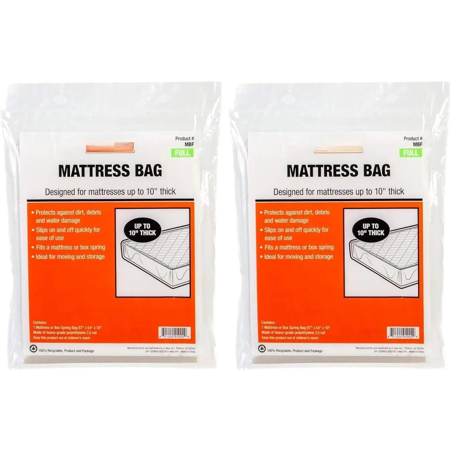 Standard Full Mattress Bag – Moving & Storage Cover for Mattress or Box Spring – 87” x 54” x 10”