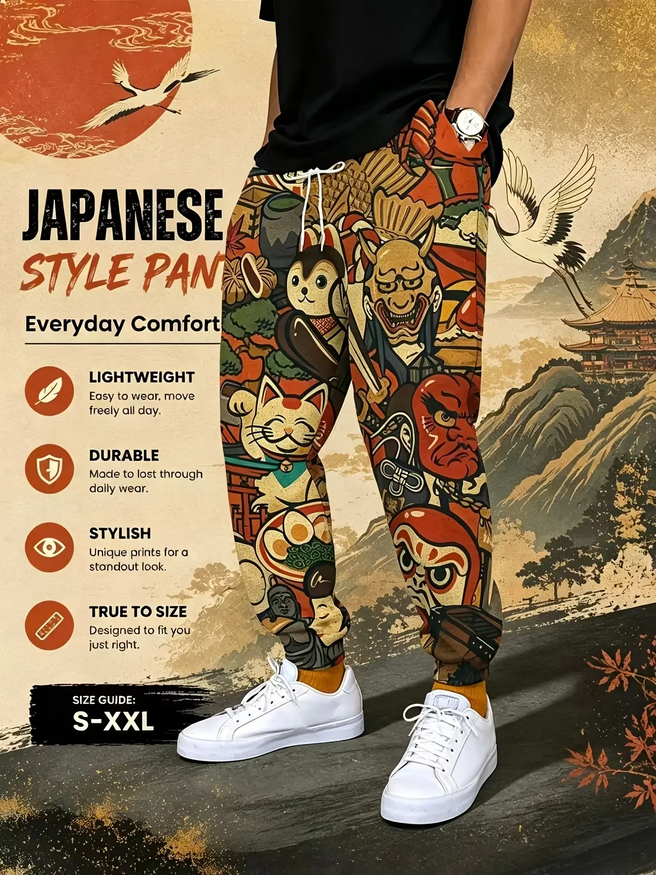 Japanese Ukiyo-E Full Print Cuffed Sweatpants, Lucky Cat Bodhisattva Retro Japanese Style Men's Casual Loose-Fit Jogging Pants