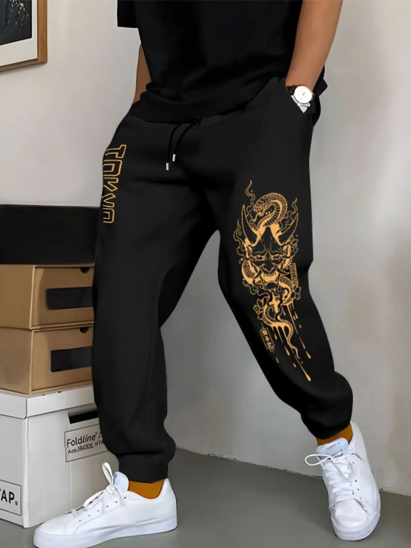 Men's Tokyo Ghost Face Snake Print Joggers, Drawstring Waist, Elasticated Cuffs, Loose Fit, Casual Running Pants, Unlined