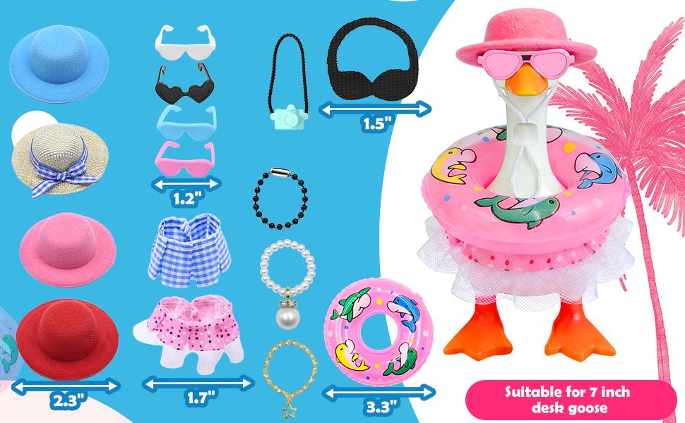 Desk Goose Outfits 7 Inches, 16PCS Mini Desk Goose Clothes with Hats, Sunglasses, Bikini,Swimming Ring, Dresses for Magnetic Porch Goose Key Holder Decor & Office Gifts