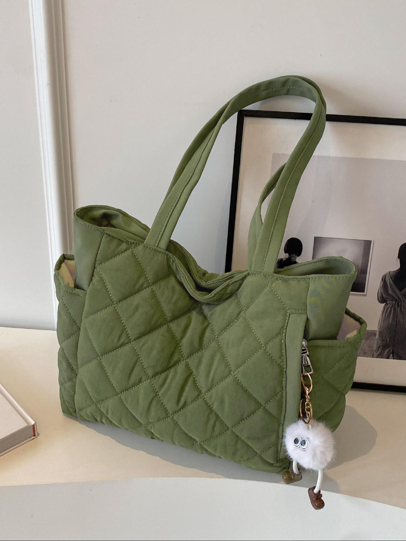 Women's Solid Quilted Soft Commuter Tote Bag, Fashionable Large Capacity Shoulder Bag for Daily Commute, Casual Trendy Versatile High-quality Daily Commuting Bag