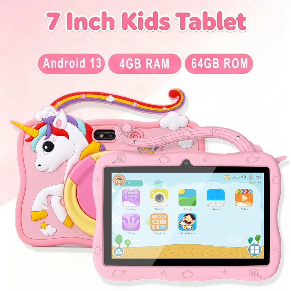 New 7-inch children's tablet with Android 13 4GB RAM and 64GB ROM, supporting WIFI function, shockproof silicone protective case, Rainbow Mark support shell, parents can control pre installed educational learning software, dual cameras