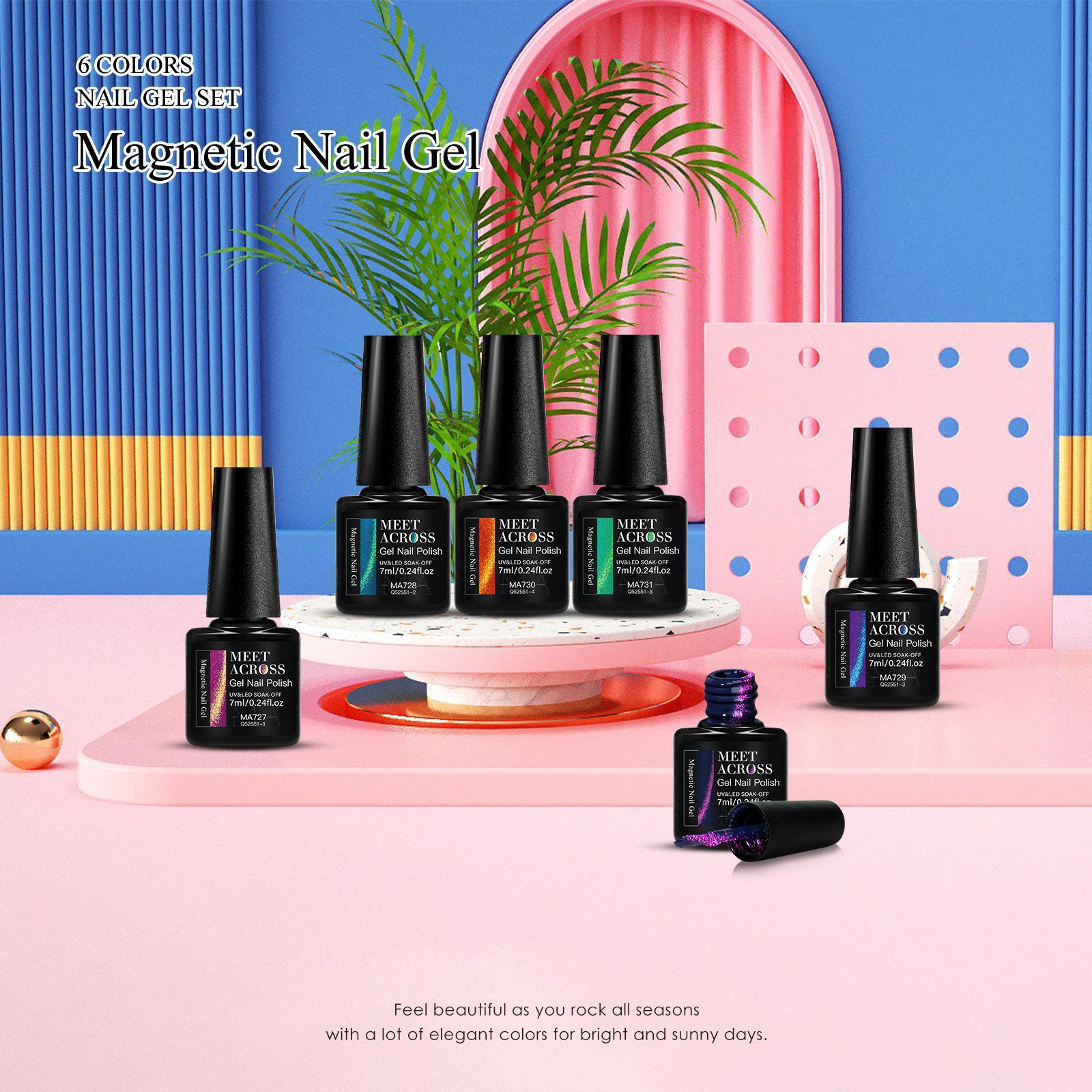 MEET ACROSS 7 Pcs Colorful Gem Cat Eye Gel Nail Polish Set, Super Bright Magnetic Transparent Long-Lasting Soak-Off Gel for Home or Salon UV/LED Nail Art DIY
