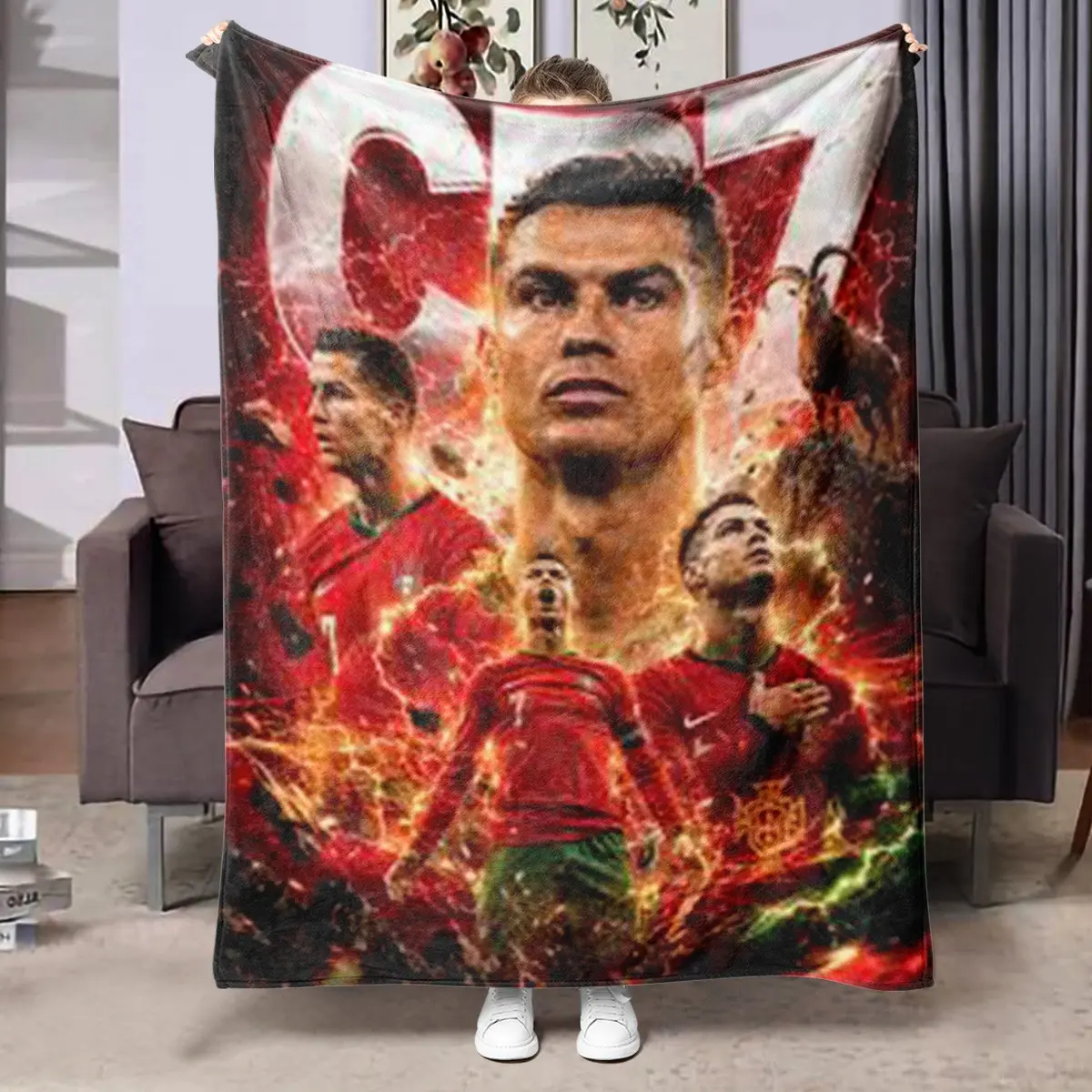 1pc Red Background Passionate CR7 Portugal Football Star Themed Fleece Blanket, Full Print Multiple Ronaldo Portraits, Red Jersey, CR7 Lettering, Goat Pattern, Lightning Effects, Portugal Team Emblem, Warm & Interesting Style. Soft Warm Cozy Nap Blanket,