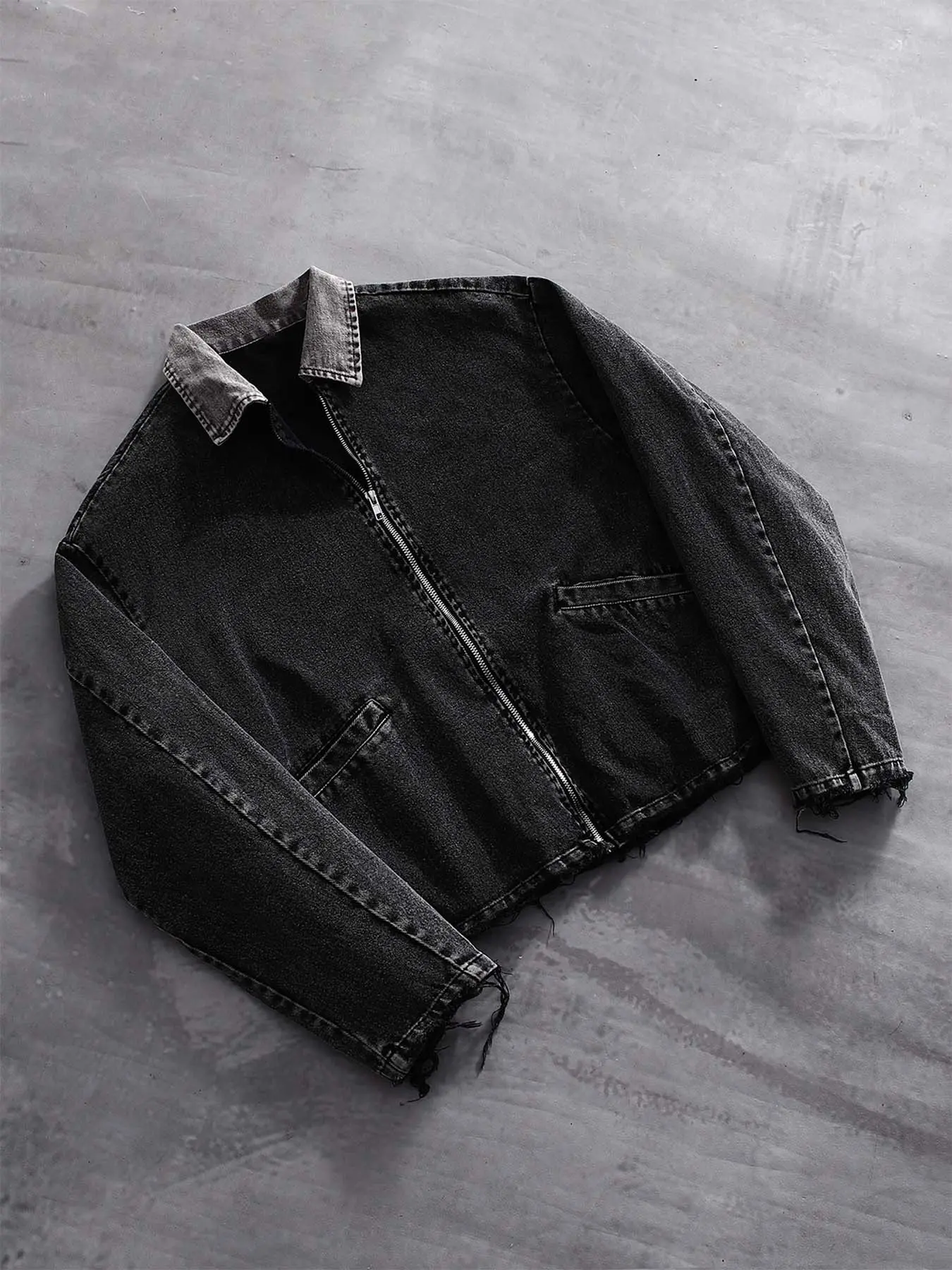 Vintage washed black zip-up long sleeve jacket with gray contrasting collar, raw frayed hem and cuffs, unisex streetwear jacket, ideal for skateboarding, hip-hop, and everyday casual outfits