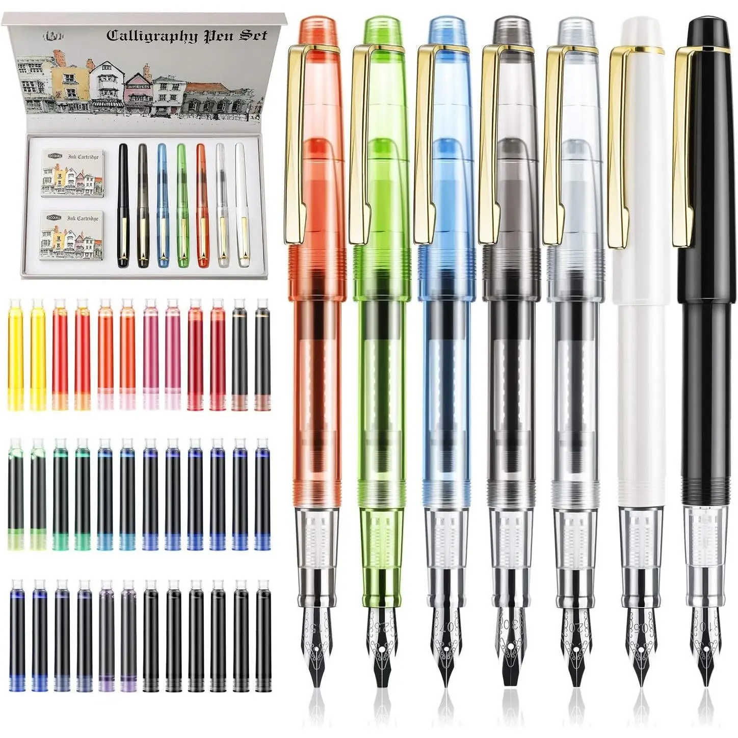 Calligraphy Set Fountain Pens 7 Different Size Nibs and 36  Ink Cartridges Kit for Calligraphy Lettering - Complete Easy Learning Set for Beginners F736