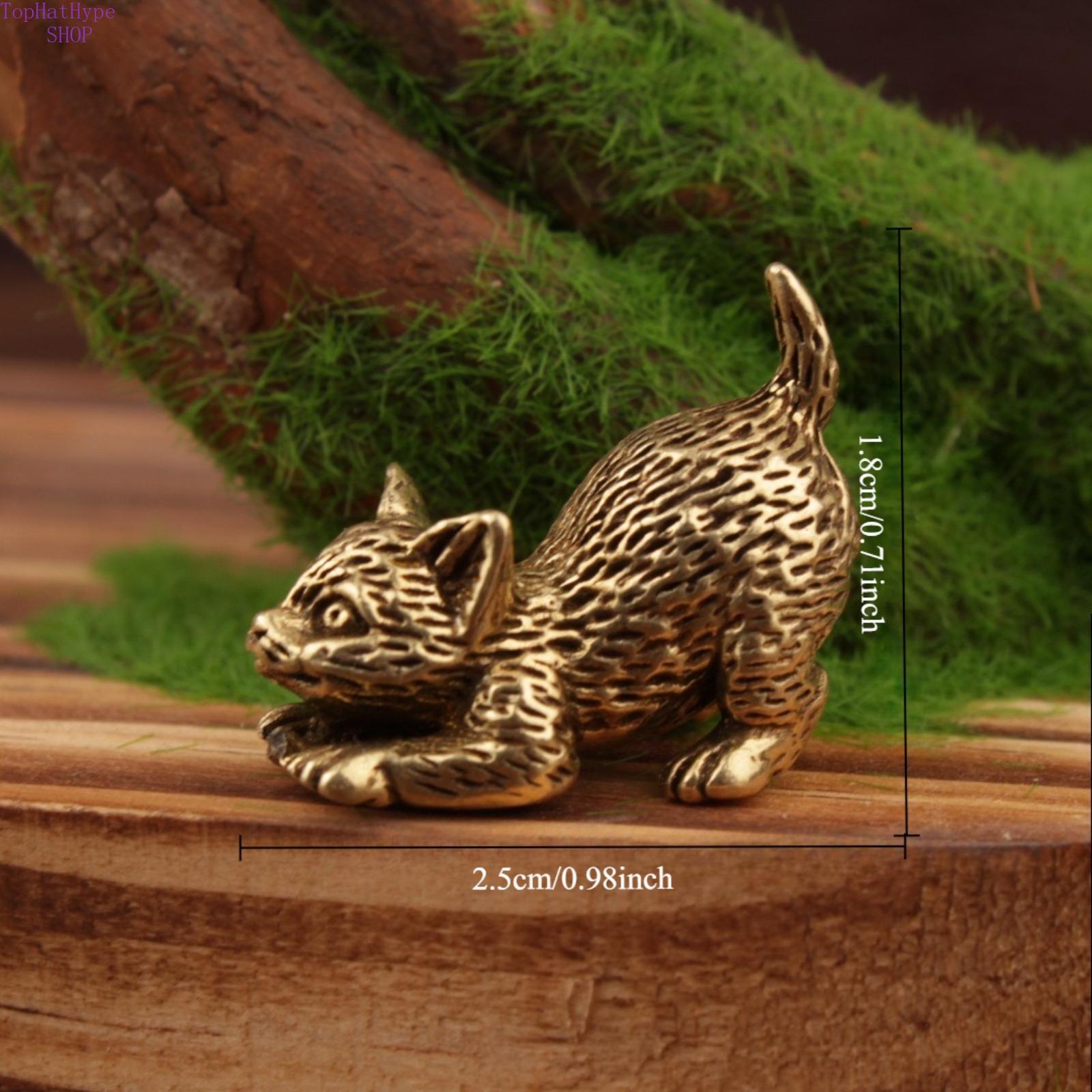 Vintage Brass Mini Cat Figurine, Realistic Animal Desktop Ornament, Cute Tiny Brass Decor for Home & Office Tabletop