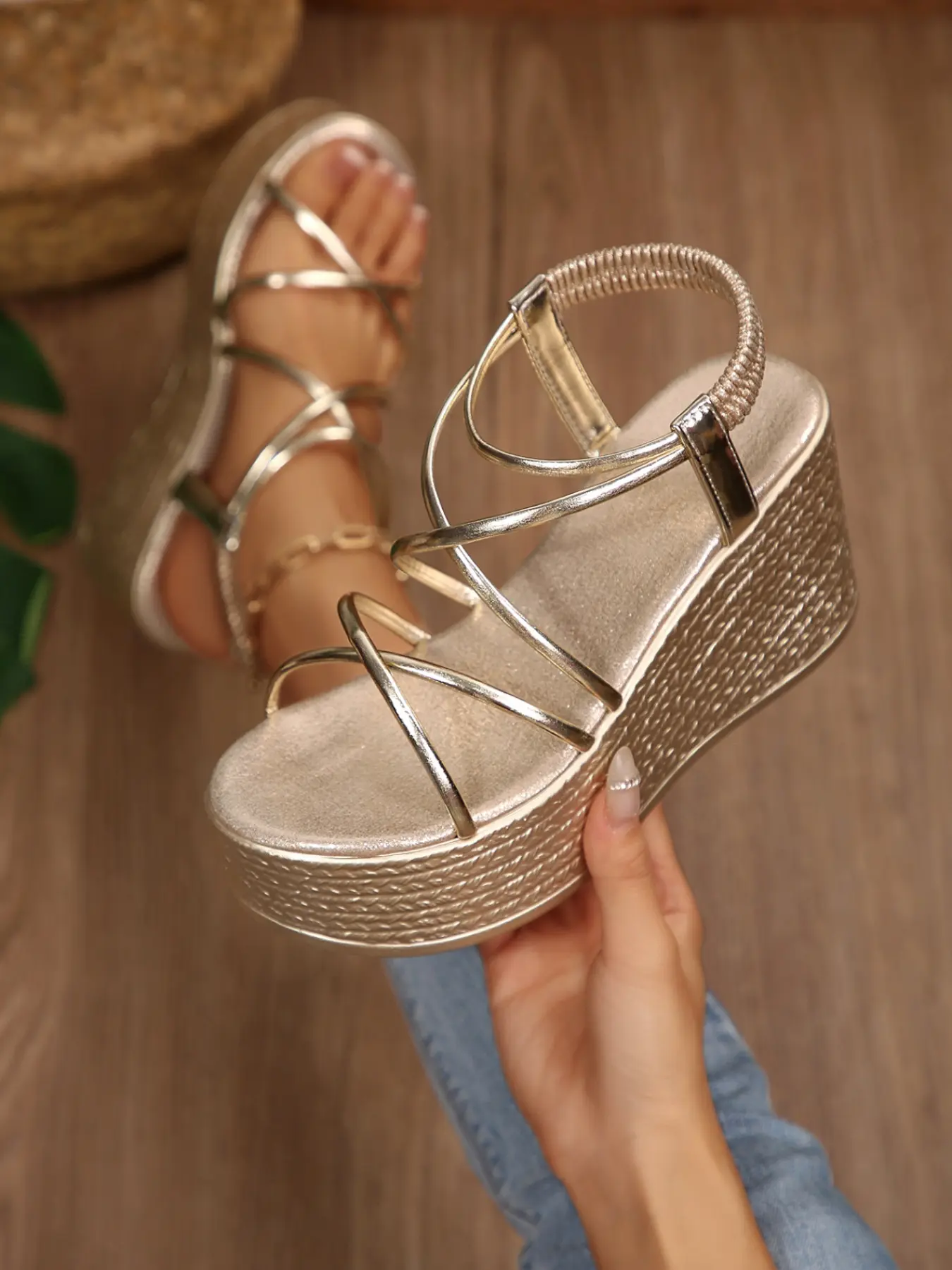Thin Crisscross Open Toe Strap Espadrille Wedge Sandals for Women, Metallic Ankle Strap Platform Summer Beach Footwear Two Colors