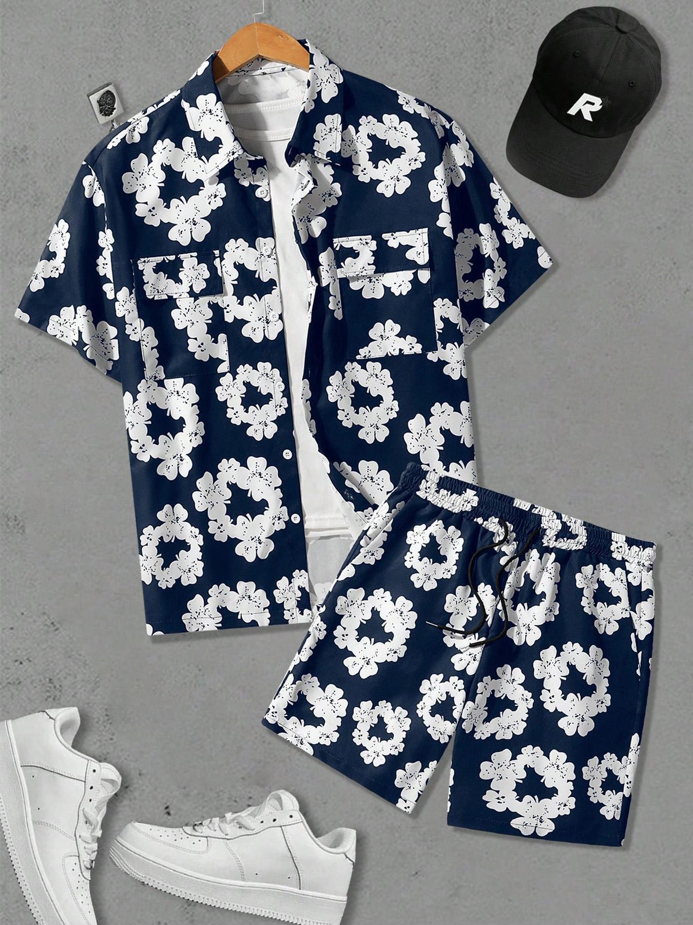 Men's Floral Print Shirt & Shorts Set, Regular Fit Casual Short Sleeve Button Top & Shorts, Men's Summer Outfits Set for Beach Vacation