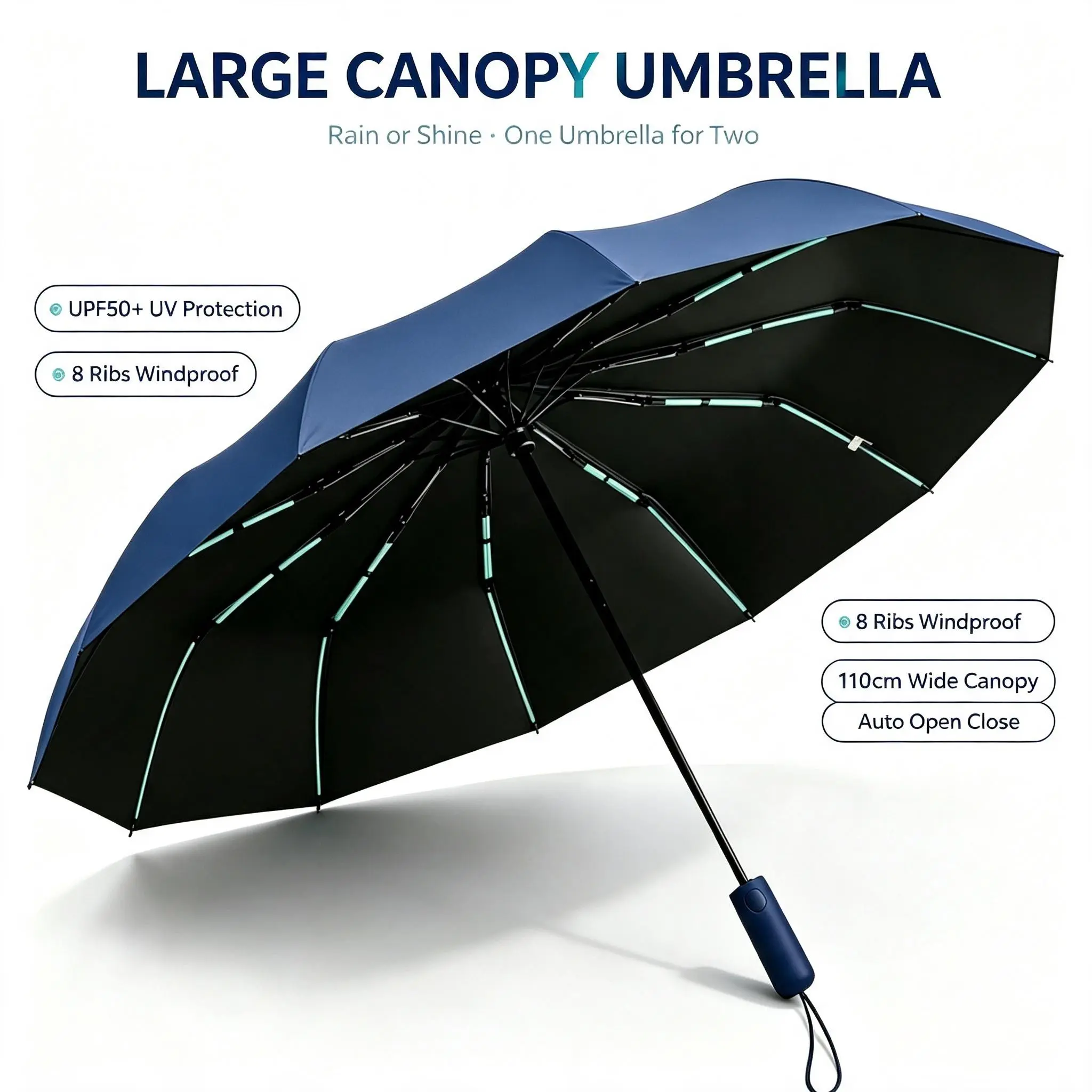 Heavy-Duty Reinforced 12-Rib Foldable Umbrella, Fully Automatic, All-Weather UV Shield, Sun & Rain Protection, 1 Pack, Portable Foldable Umbrella