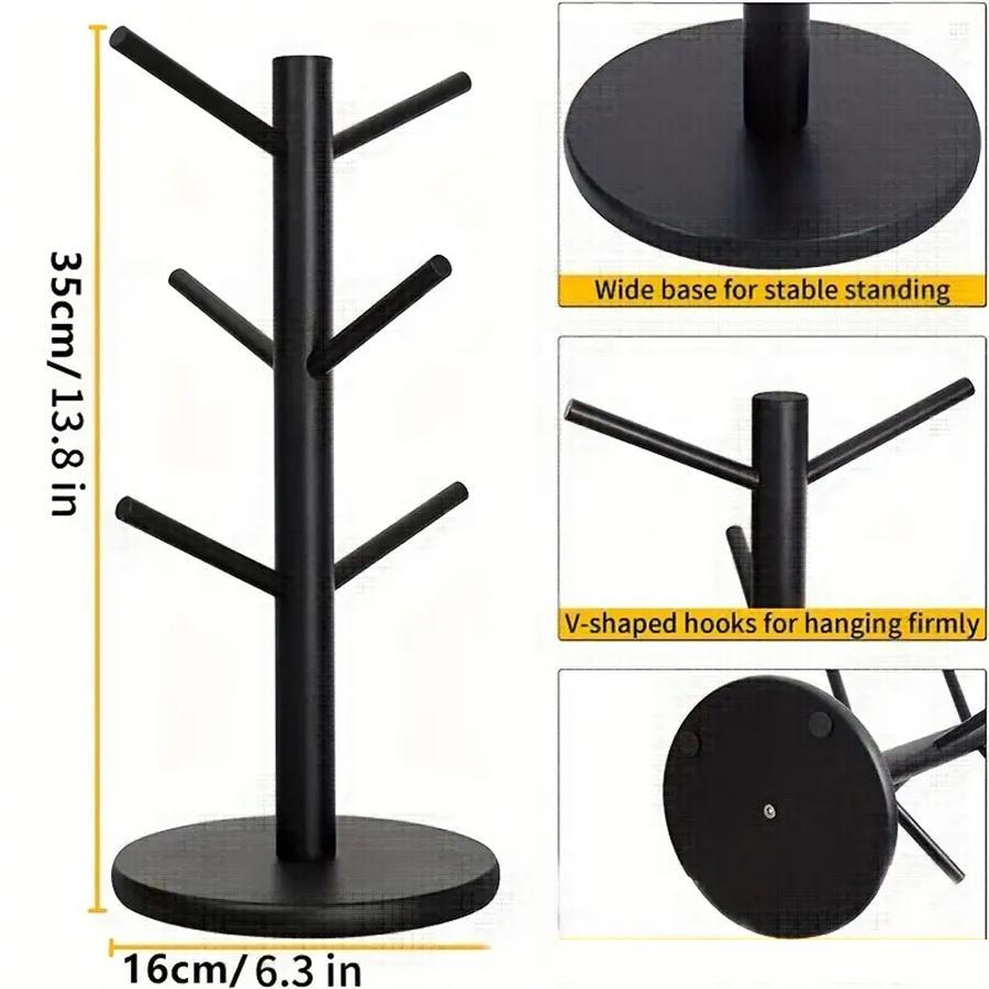 Mug Tree, 1 Count Coffee Cup Holder with 6 Hooks, Wood Coffee Mug Holder for Counter, Coffee Organizer Station Essentials, Coffee Bar Storage, Bamboo Wood Stand