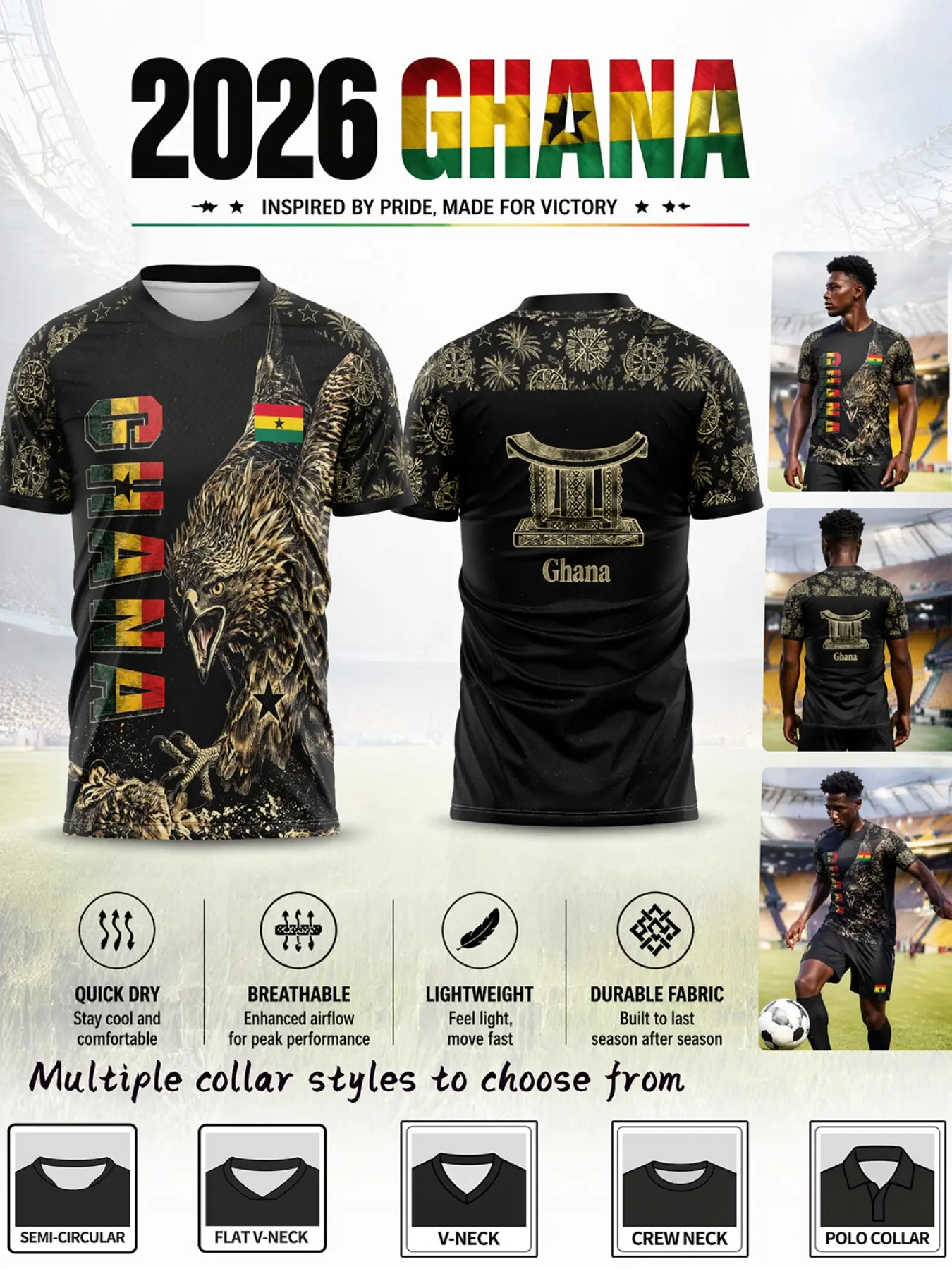 2026 Ghana National Pride Soccer Jersey, Football Jersey, Tribal Print, Sporty Style, Breathable, Short Sleeve, Durable, West African Street Fashion