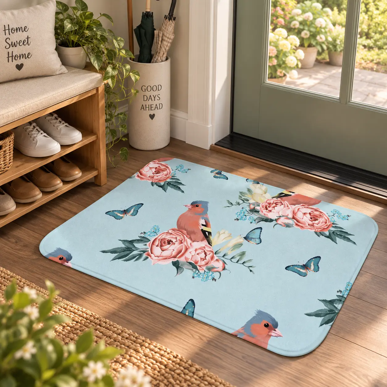 Bird & Butterfly Floral Non-Slip Doormat, Blue Spring Flower Soft Washable Rug for Front Door, Indoor Entryway & Home Decor