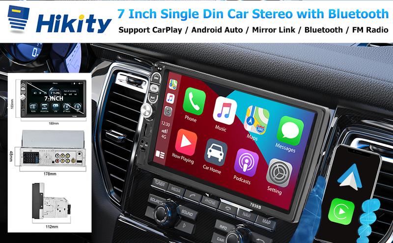 Single Din 7 Inch Car Stereo with Carplay Android Auto Bluetooth 5.1 Touchscreen Car Audio Receiver with Mirror Link FM Radio SWC USB AUX TF Card and 12LED HD Backup Camera