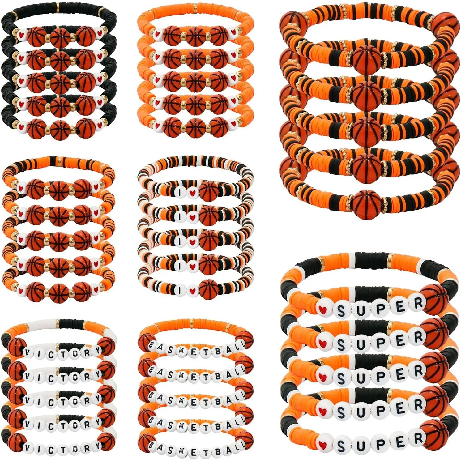 Basketball Charm Bracelets, 40-Count Stretch Stackable Clay Beaded Bangles (5 Count per Style) for Female, Coaches & Family, Basketball Party Favors