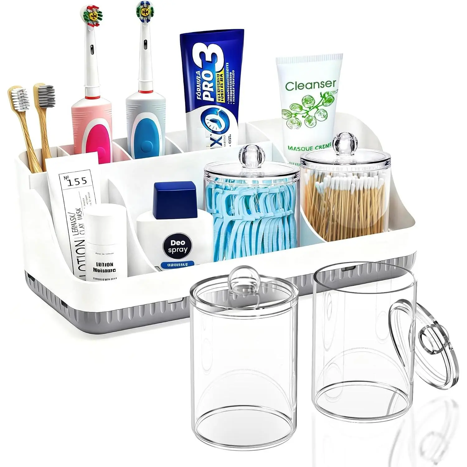 Counter Organizer and with 2 Pack Qtip Holder Dispenser, 7 Slots Detachable Toothbrush Holders for Bathrooms, Anti-Slip Electric Toothbrush and Toothpaste Holder Countertop