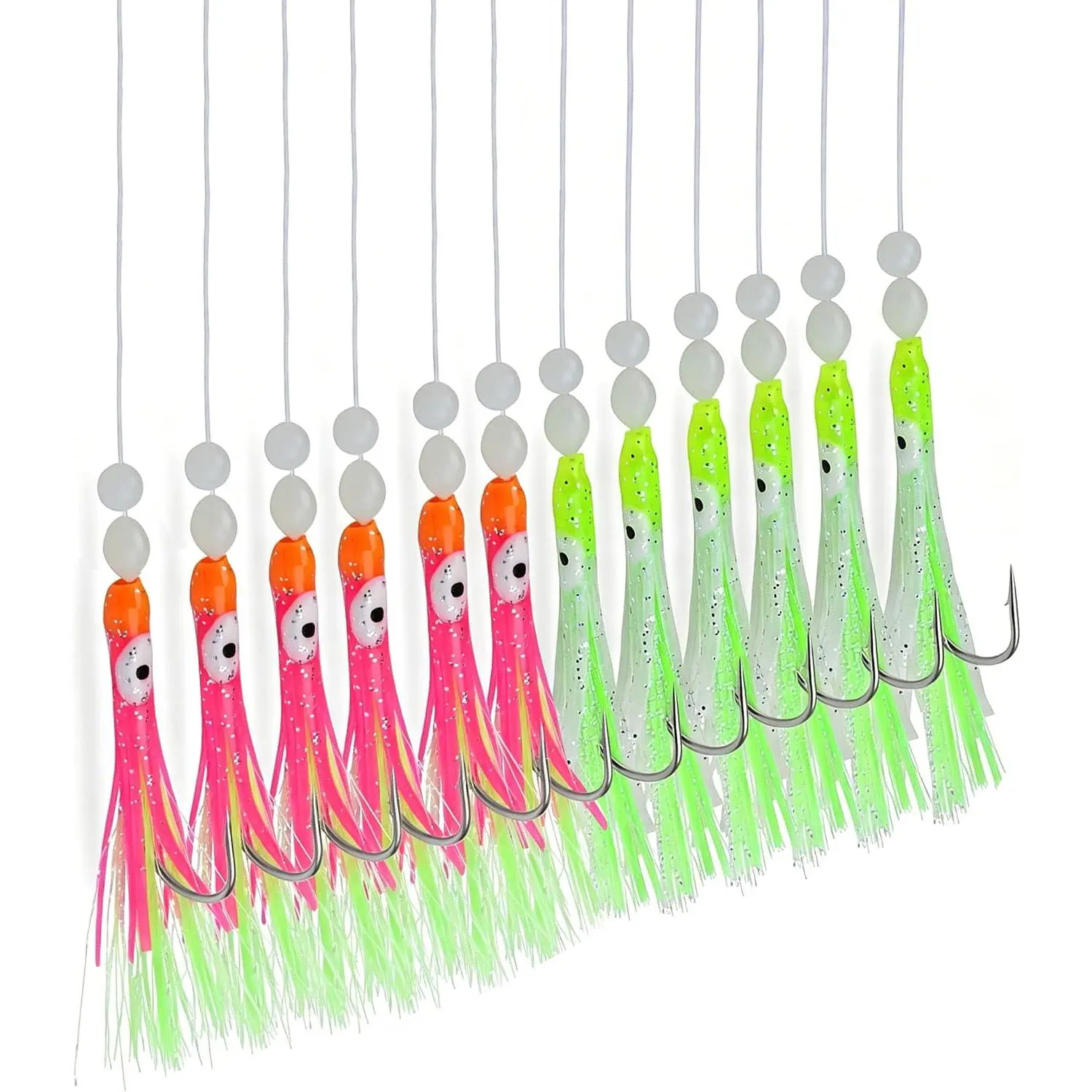 Luminous Squid Fishing  Rigs - 12 count Pre-Tied Fishing Lure  Set Saltwater Surf Fishing Gear - Glow Soft Squid Baits Jigs with High Carbon Steel Hooks for Snapper, Redfish, Mackerel