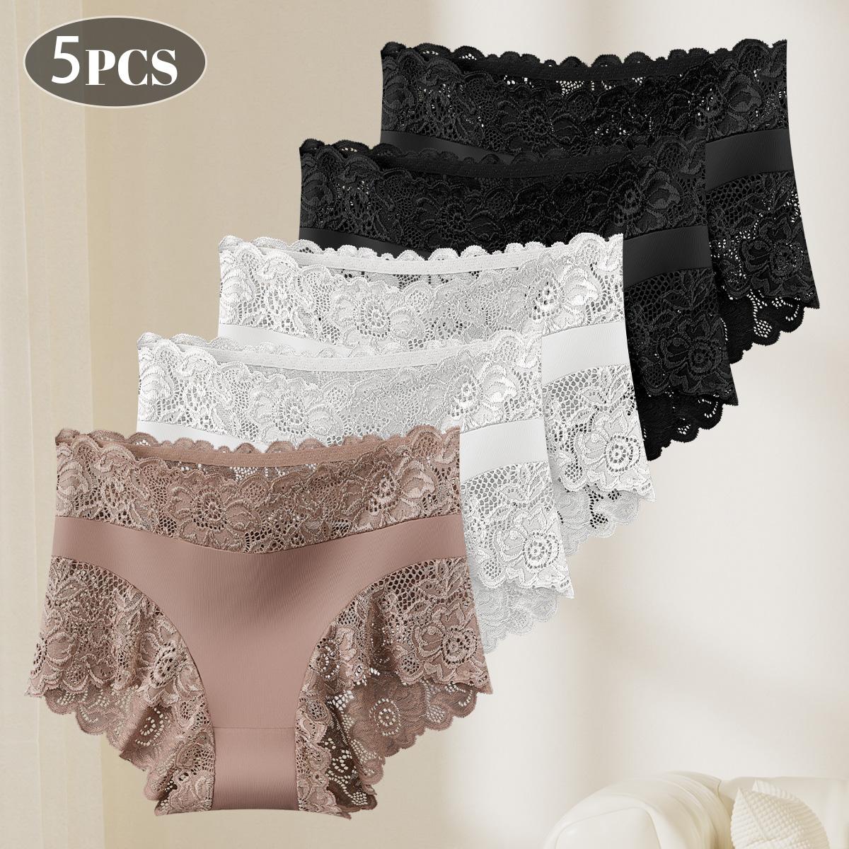 QUASTI 5-Pack Silky Smooth & Sexy Lace Mid-Waist Panties for Women, Lightweight Breathable Fabric Briefs, Soft Stretch Everyday Intimates, S-XXL