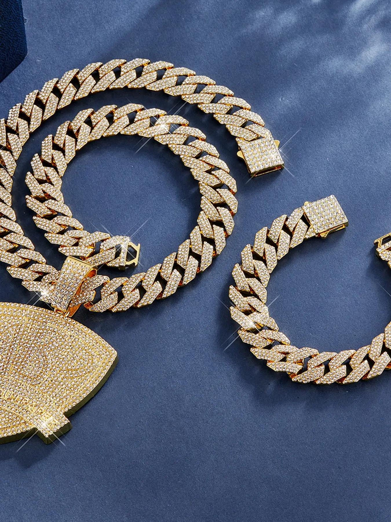 2 Set Pendant Necklace and Bracelet Set, Hip Hop Style Rhinestone Large Shield, Bold Street Dance Fashion Party Jewelry Matching Jewelry Set